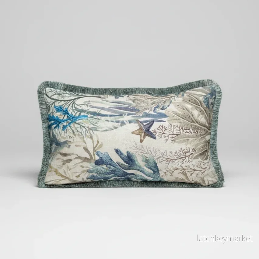 Kuddfodral Ocean Print Denim med frans Kuddfodral Ocean Print Denim med frans