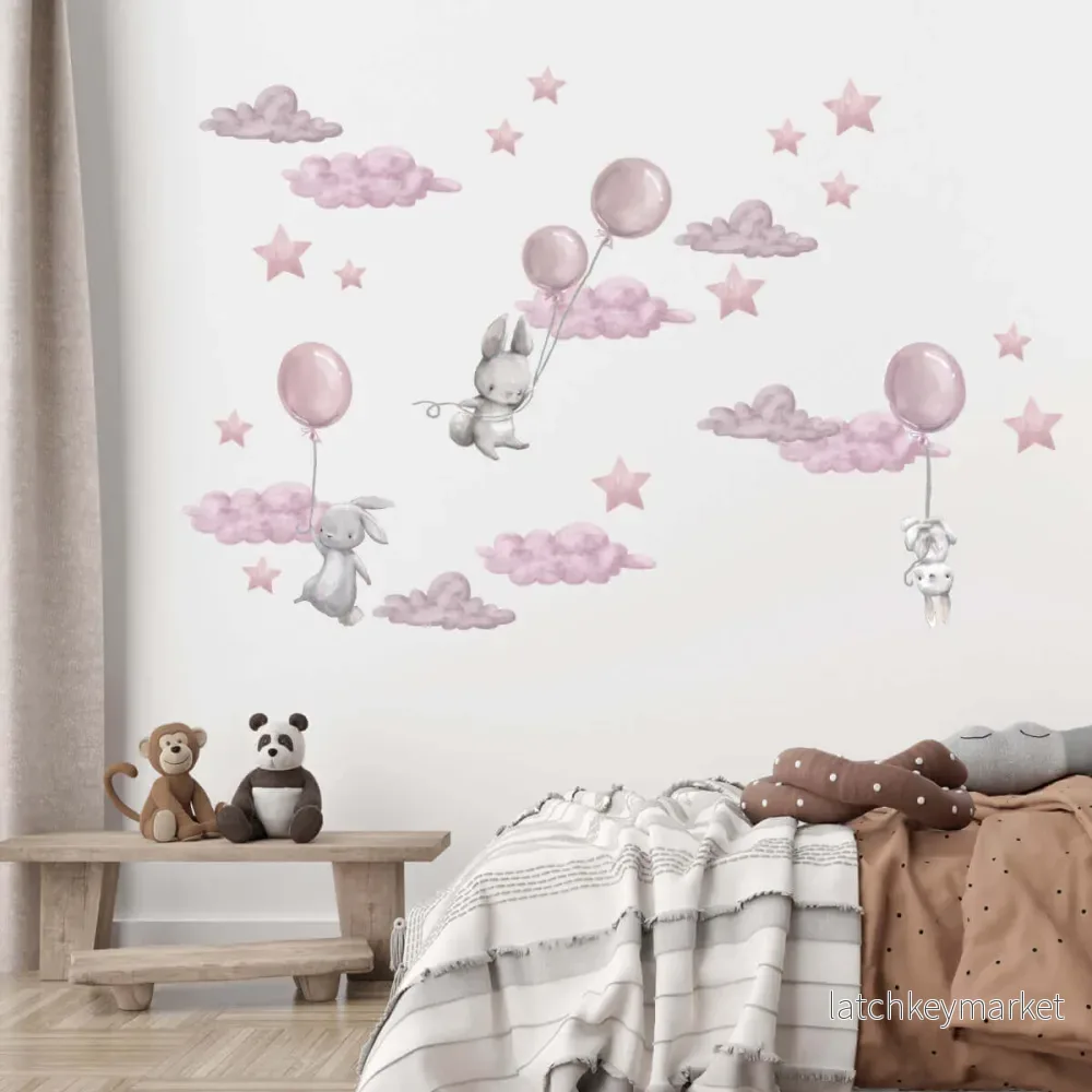 Väggdekor XL Kaniner & ballonger rosa Väggdekor XL Kaniner & ballonger rosa
