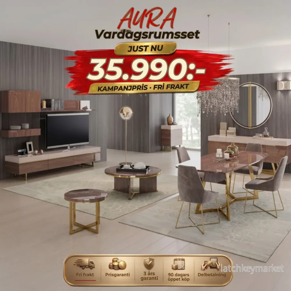 Aura Vardagsrumsset – (Matbord med 6st Stolar-Soffbord-Tv Bänk) Aura Vardagsrumsset – (Matbord med 6st Stolar-Soffbord-Tv Bänk)