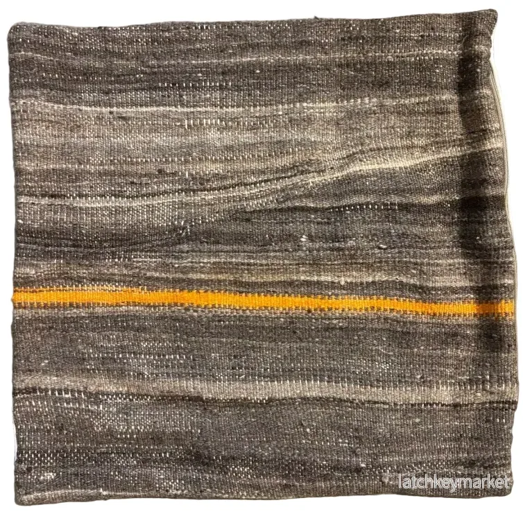 Moroccan hand-woven cushion cover 50x50cm, brown with orange and off-white detail Moroccan hand-woven cushion cover 50x50cm, brown with orange and off-white detail