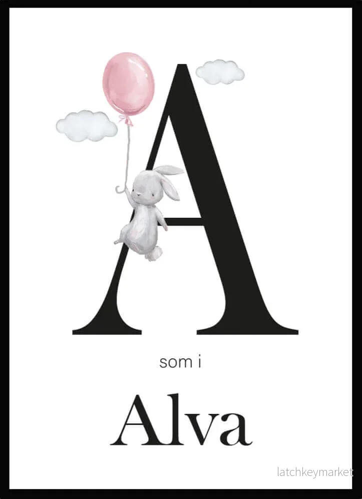 Namntavla Bokstav med kanin rosa Namntavla Bokstav med kanin rosa
