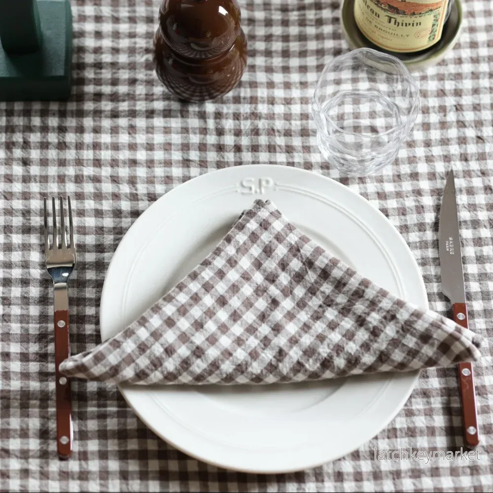French Linen Table Cloth Brown Gingham - Bild 3
