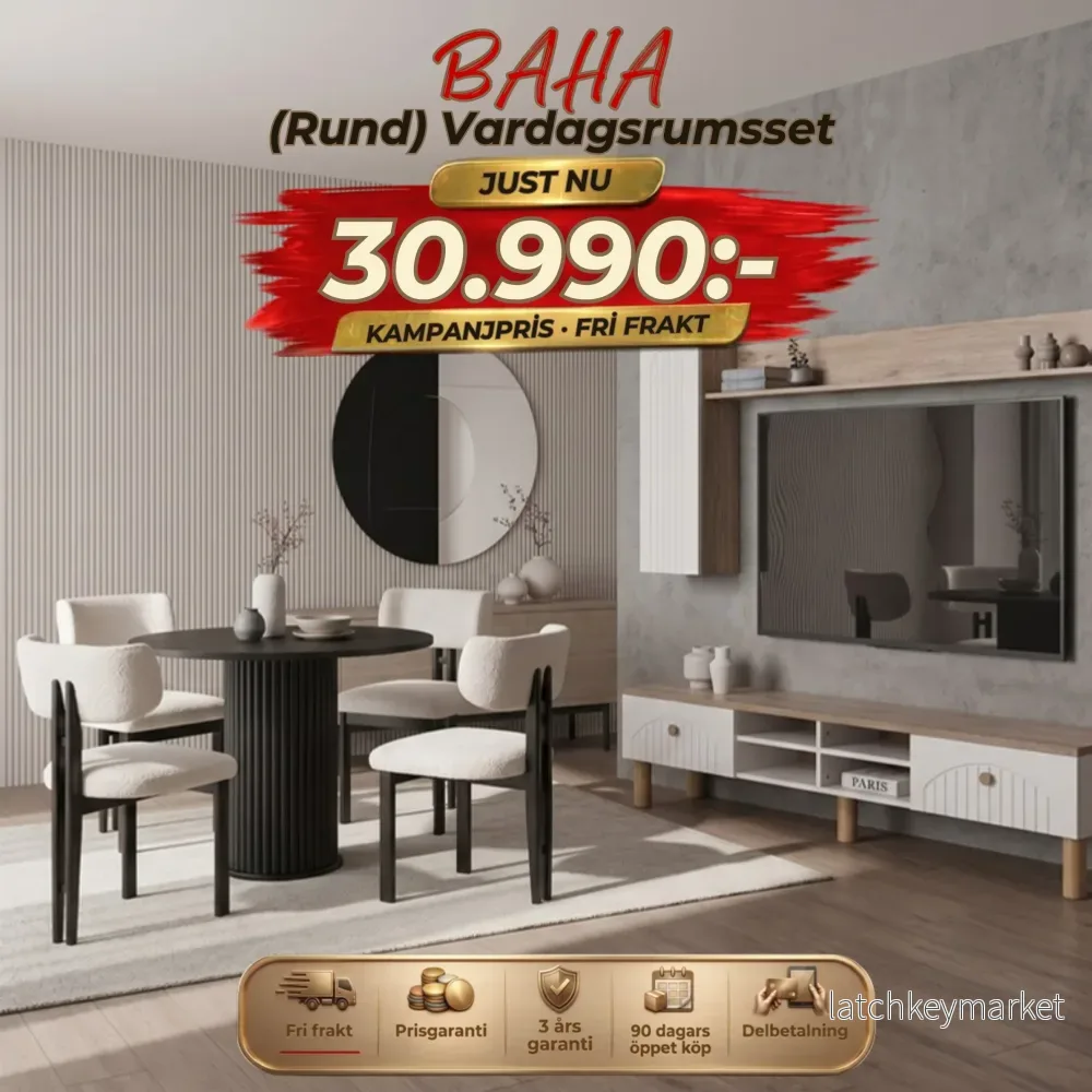 Baha (Rund) Vardagsrumsset – (Rund Matbord med 6st Stolar-Soffbord-Tv Bänk)