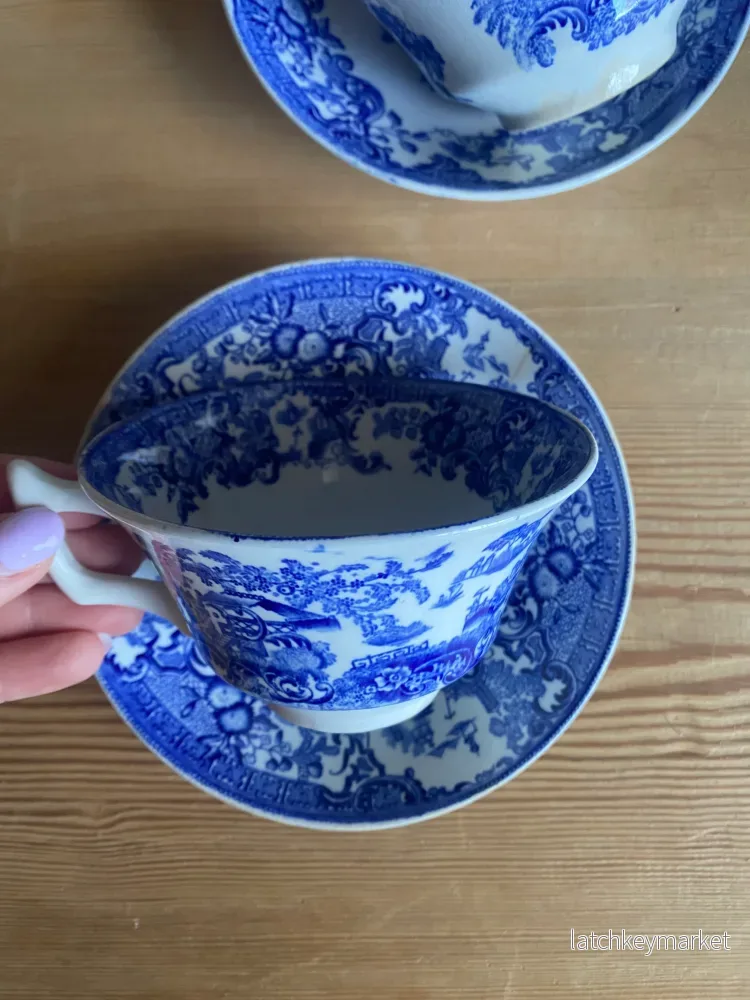Paret blåvita kaffekoppar med fat - Rörstrand 1800-tal