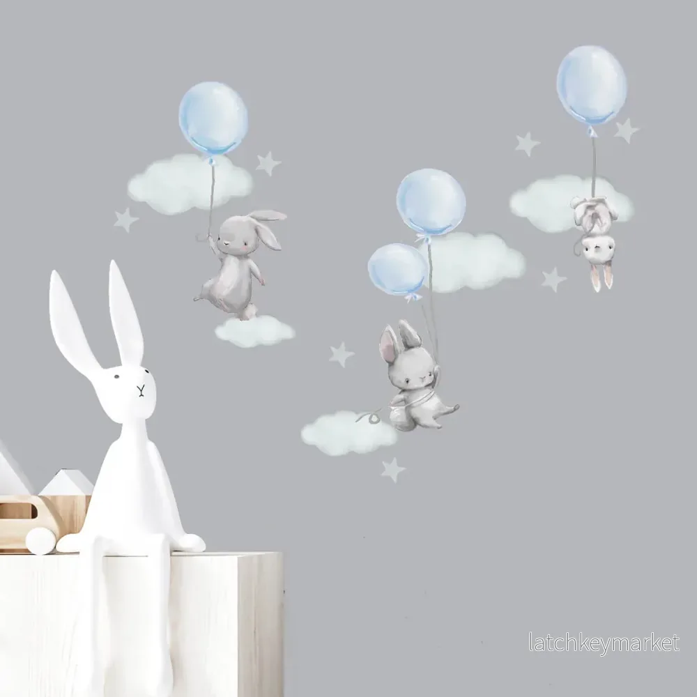 Väggdekor Kaniner & ballonger blå