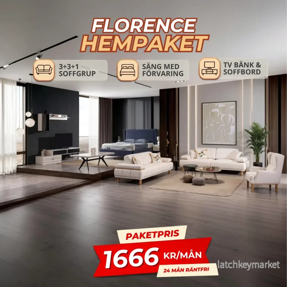 2️⃣0️⃣ FLORENCE HemPaket (Bodrum-B 3+3+1 Soffgrupp – Savana TV-Bänk – Savana Soffbord – Savana Säng med förvaring)