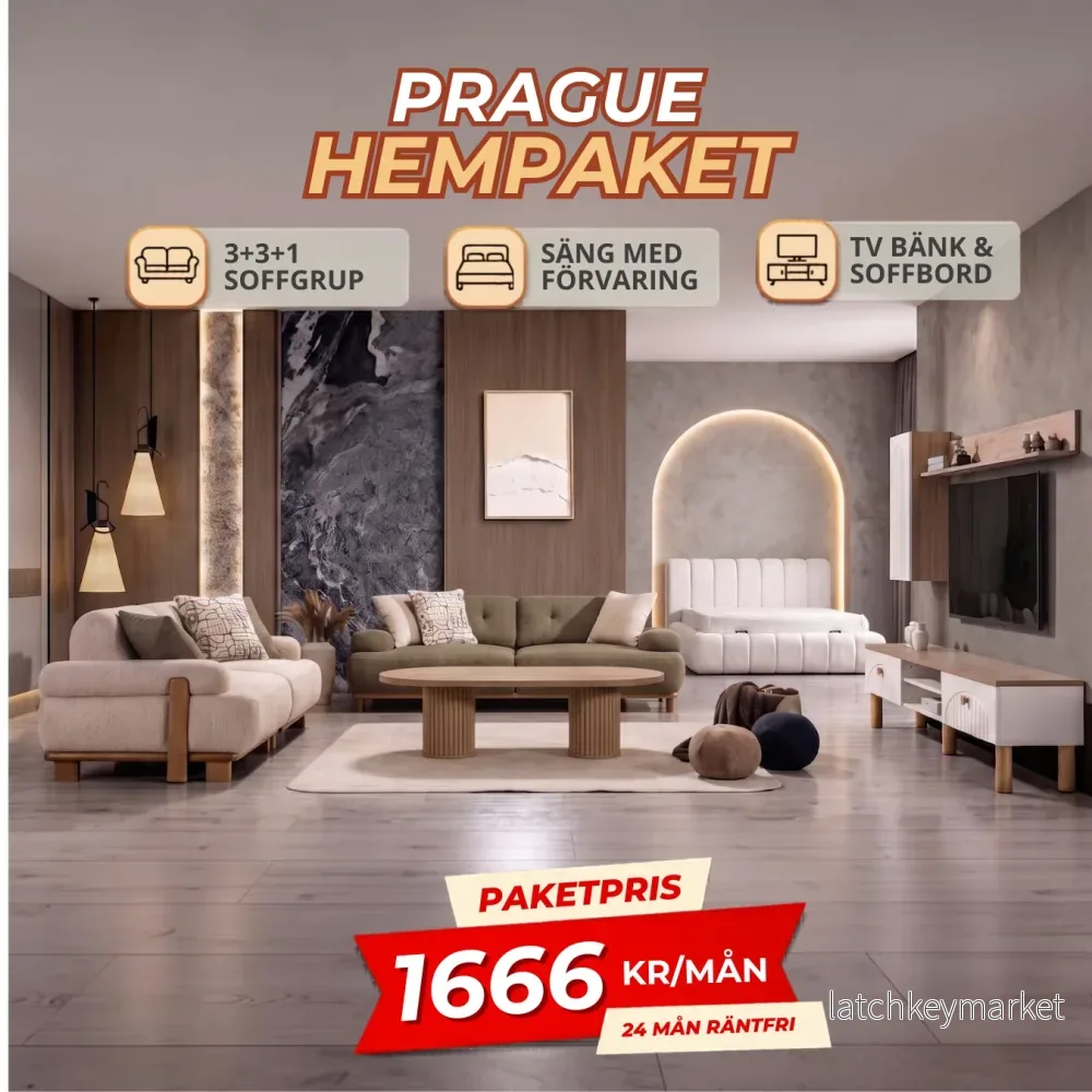 2️⃣2️⃣ PRAGUE HemPaket (Panda-A 3+3+1 Soffgrupp – Baha TV-Bänk – Baha Säng med förvaring)