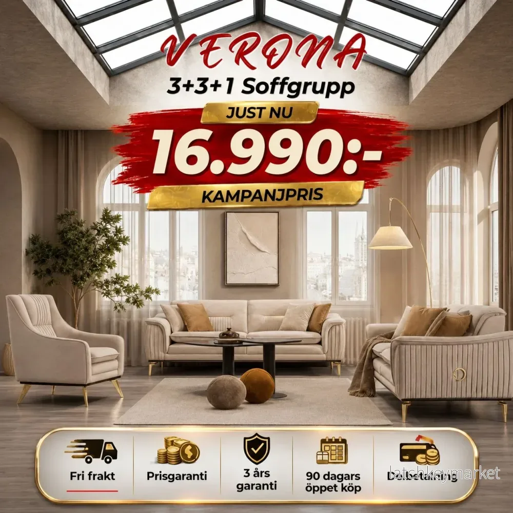 🎯 Verona 3+3+1 Soffgrupp – Grå med Guld Ben 🎯 Verona 3+3+1 Soffgrupp – Grå med Guld Ben