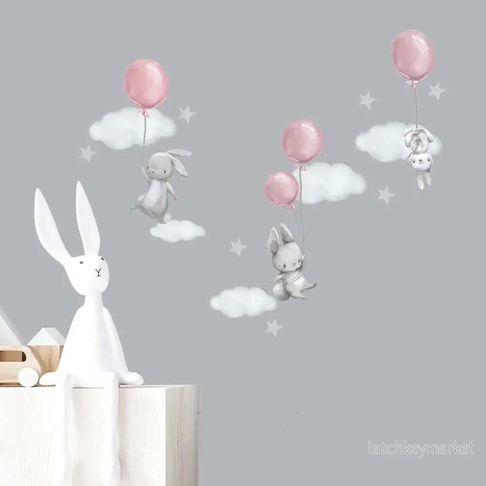 Väggdekor Kaniner & ballonger rosa Väggdekor Kaniner & ballonger rosa