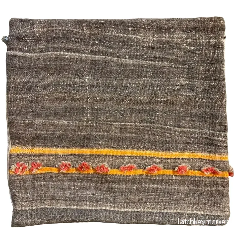 Moroccan hand-woven cushion cover 50x50cm, brown with orange stripe details