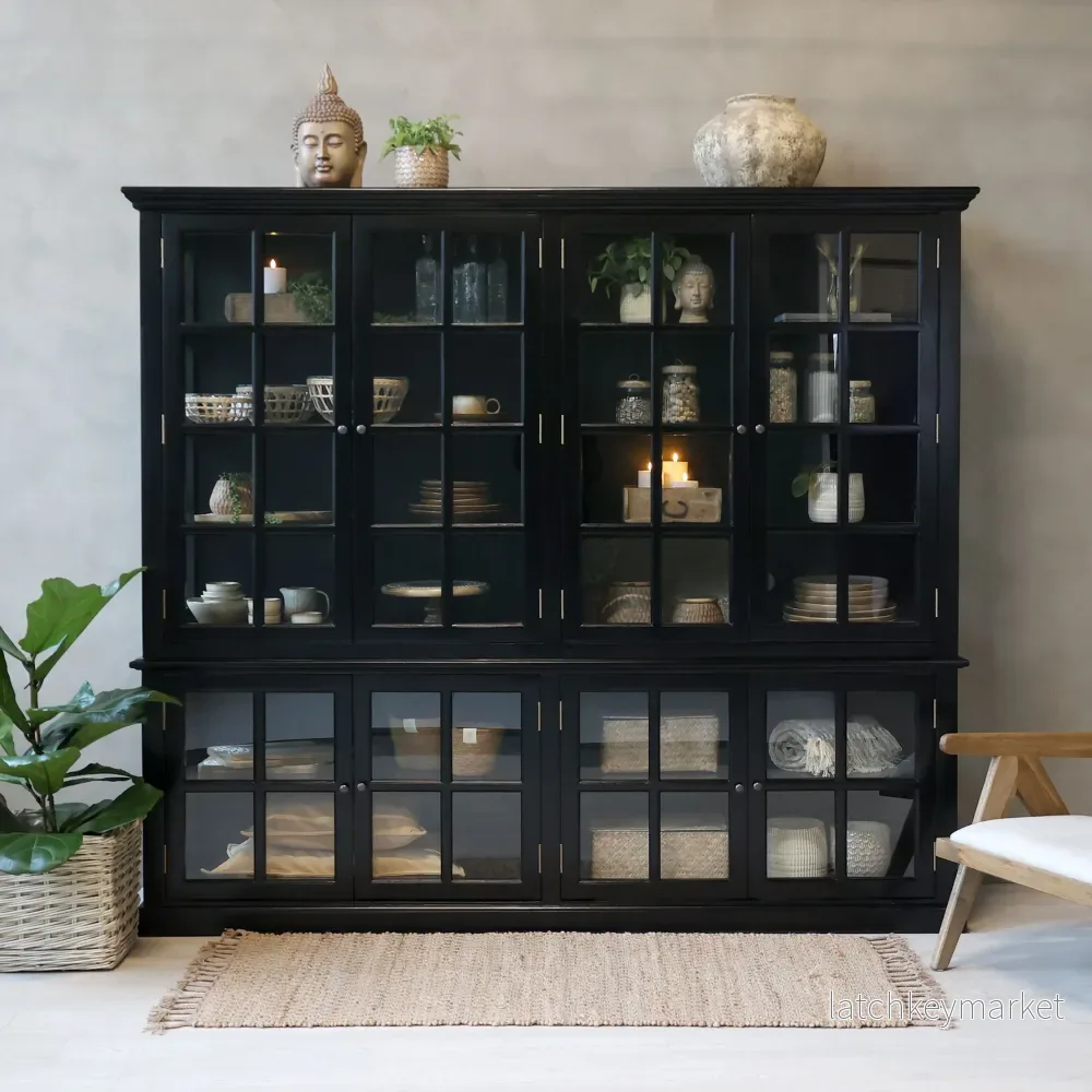 Chic Antique Vitrinskåp Marseille med 8 dörrar och hyllor H195/L220/B55 cm Svart