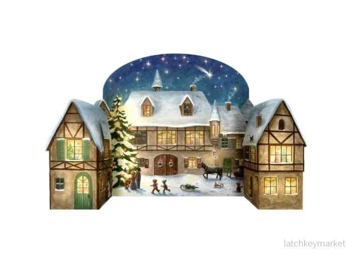 Adventskalender 3D snötäckt stad med korsvirkeshus Adventskalender 3D snötäckt stad med korsvirkeshus