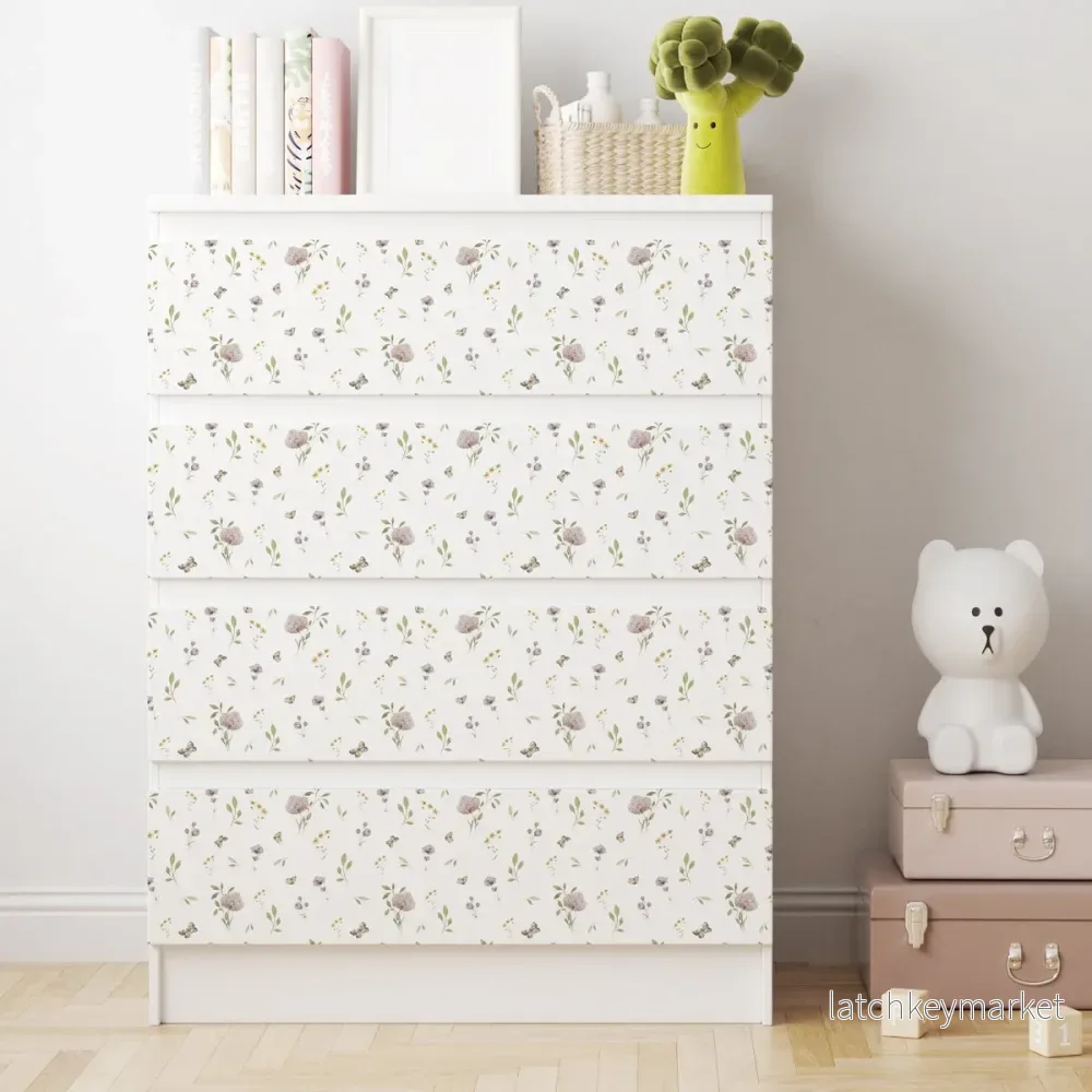 Dekorfolie till IKEA MALM – Blommor och fjärilar Dekorfolie till IKEA MALM – Blommor och fjärilar
