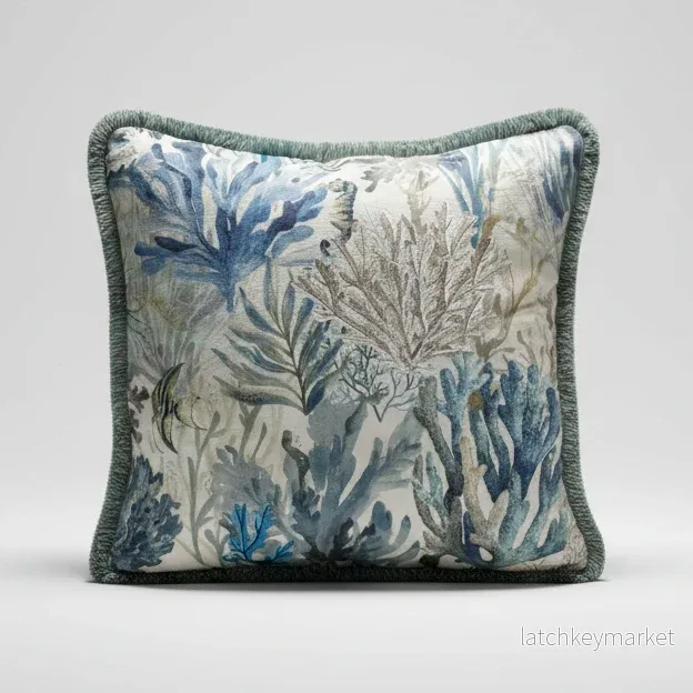 Kuddfodral Ocean Print Denim med frans Kuddfodral Ocean Print Denim med frans