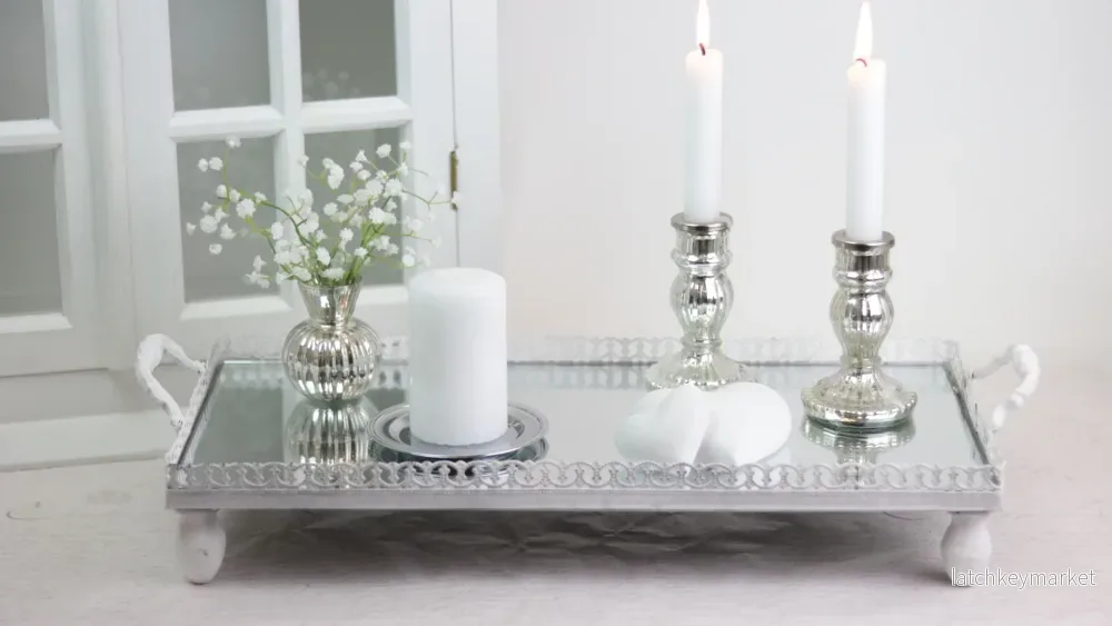 Dekorativt Fat Bricka Spegel Avlång Shabby Vit 2-pack - Bild 3