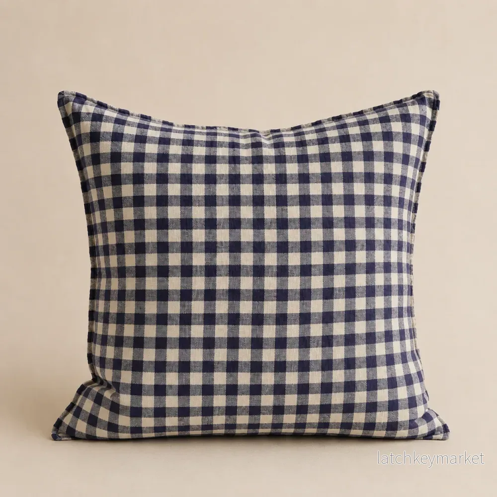 French Cushion Cover Flax Navy Gingham French Cushion Cover Flax Navy Gingham