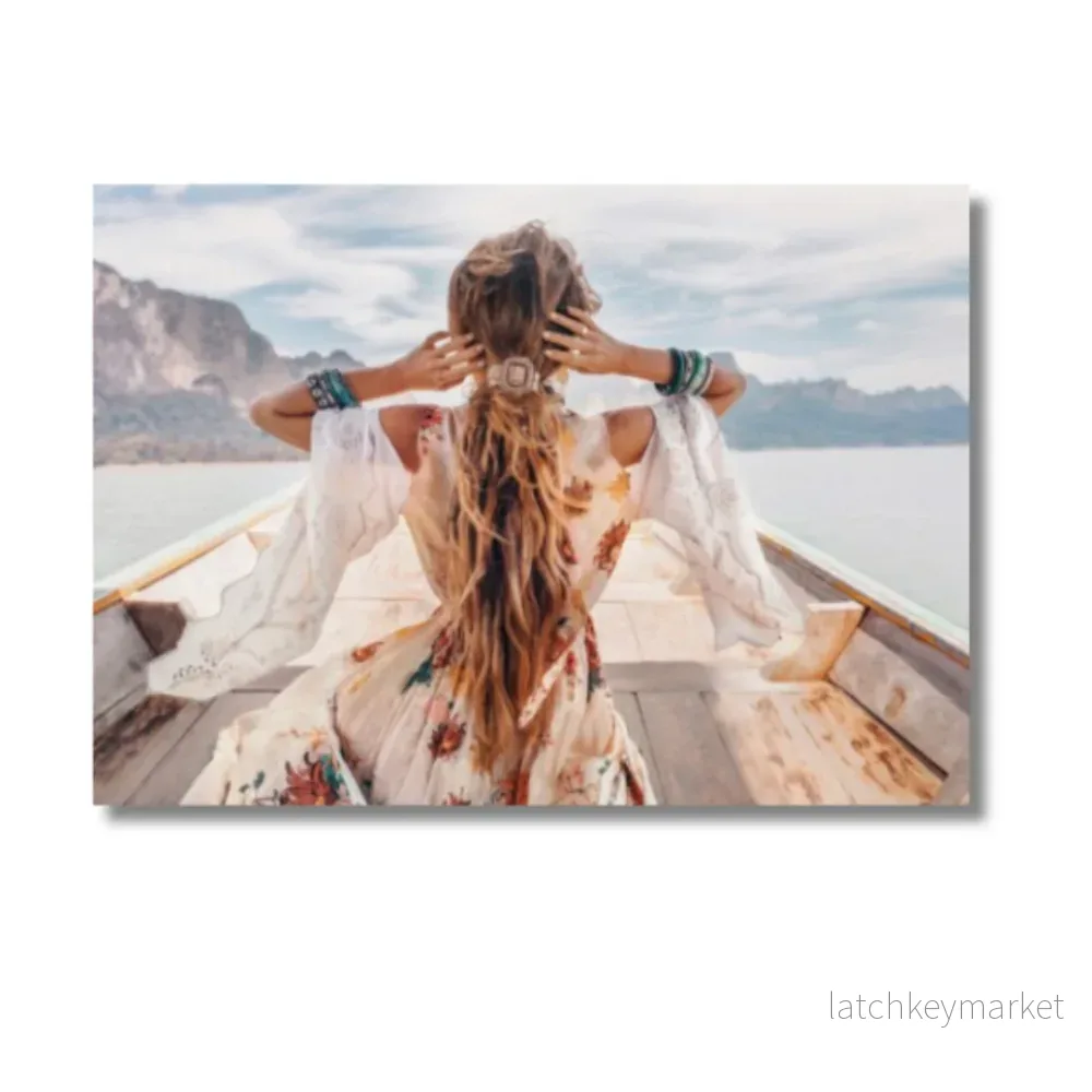 FASHIONABLE YOUNG MODEL IN BOHO STYLE DRESS ON BOAT AT THE LAKE FASHIONABLE YOUNG MODEL IN BOHO STYLE DRESS ON BOAT AT THE LAKE