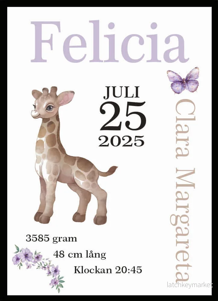 Namntavla Giraff lila