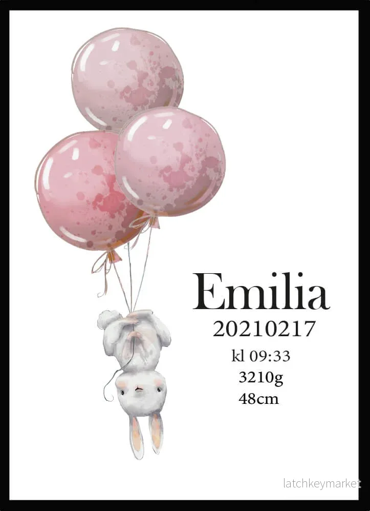 Namntavla Kanin med ballonger rosa Namntavla Kanin med ballonger rosa