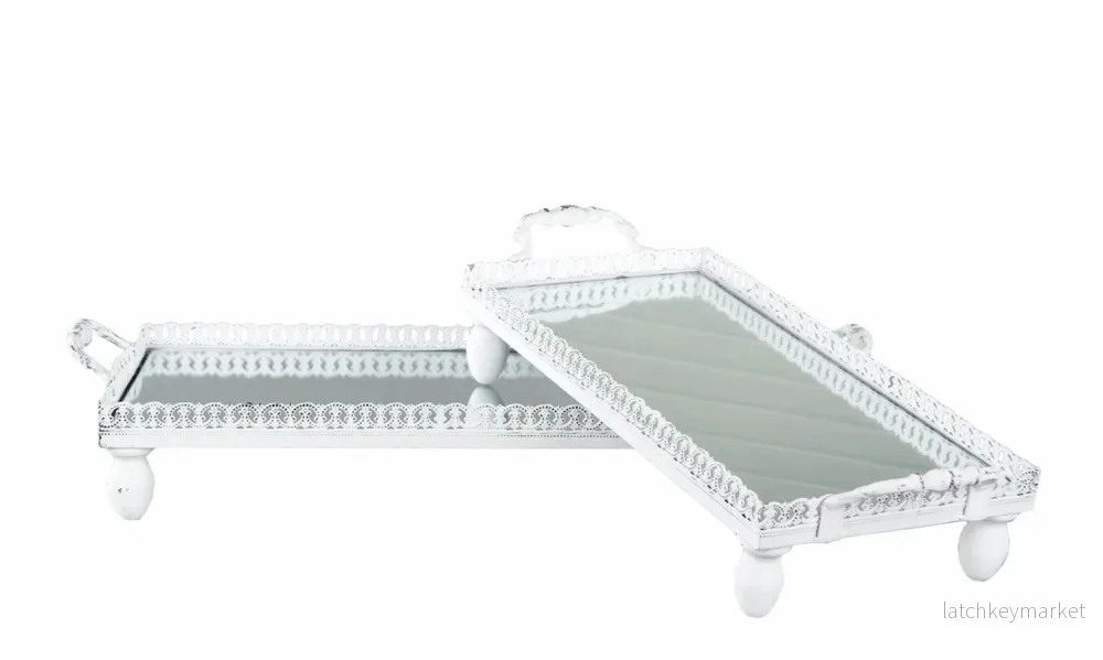 Dekorativt Fat Bricka Spegel Avlång Shabby Vit 2-pack - Bild 2