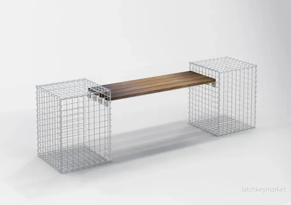 Trädgårdsbänk med 2 gabioner – Cumaru-trä, 200 cm lång x 60 cm hög x 37 cm djup, galvaniserad, MW 5 x 5 cm Trädgårdsbänk med 2 gabioner – Cumaru-trä, 200 cm lång x 60 cm hög x 37 cm djup, galvaniserad, MW 5 x 5 cm