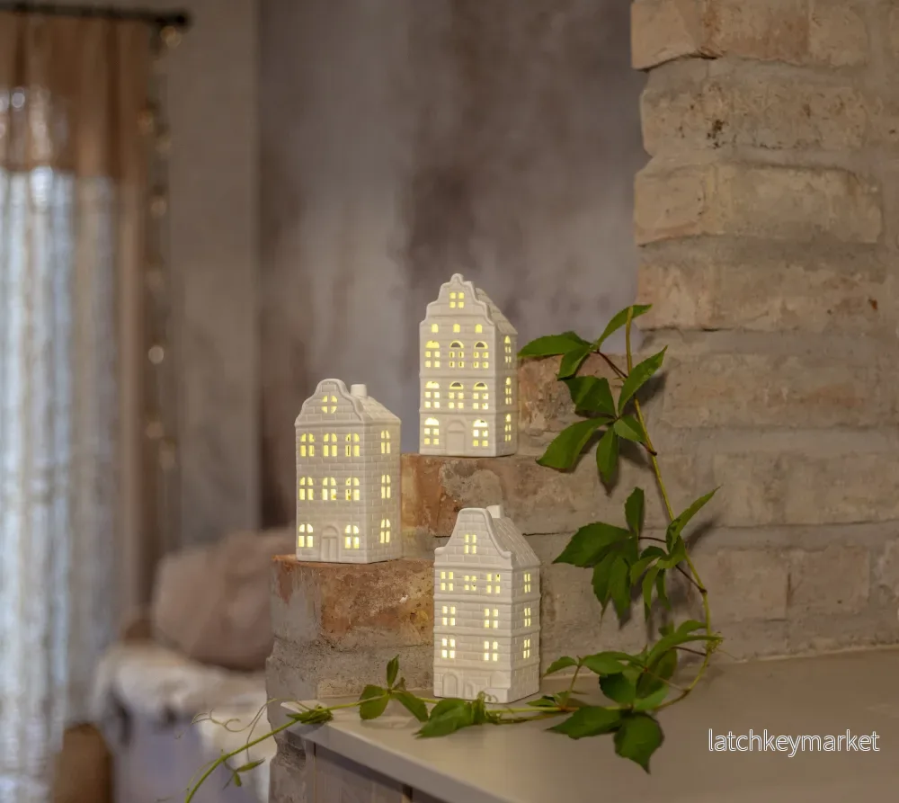 Batteridriven belysning Vita porslinshus 3-pack
