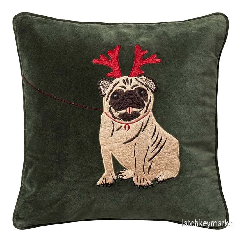 Holiday Dog Embroidered Velvet Kuddfodral 50x50