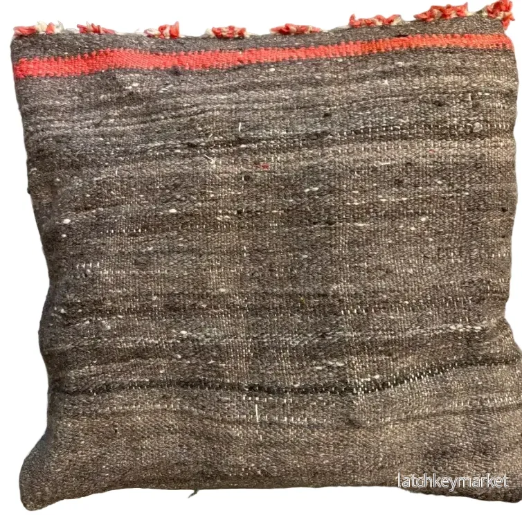 Moroccan hand-woven wool cushion cover 50x50cm, brown with orange detail