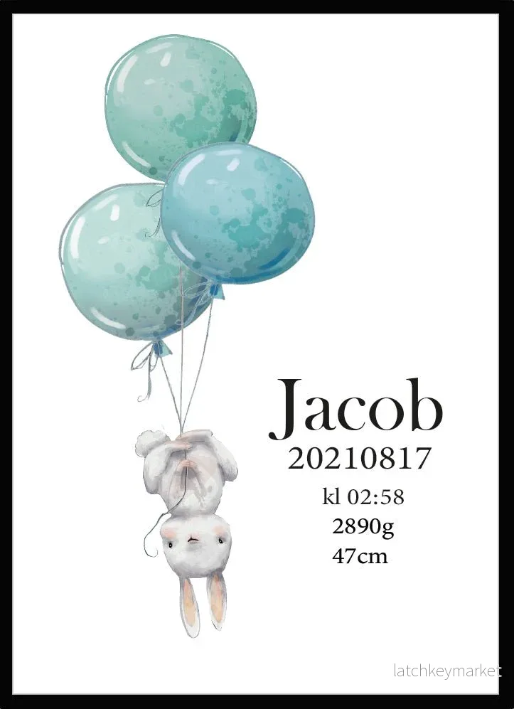 Namntavla Kanin med ballonger turkos Namntavla Kanin med ballonger turkos