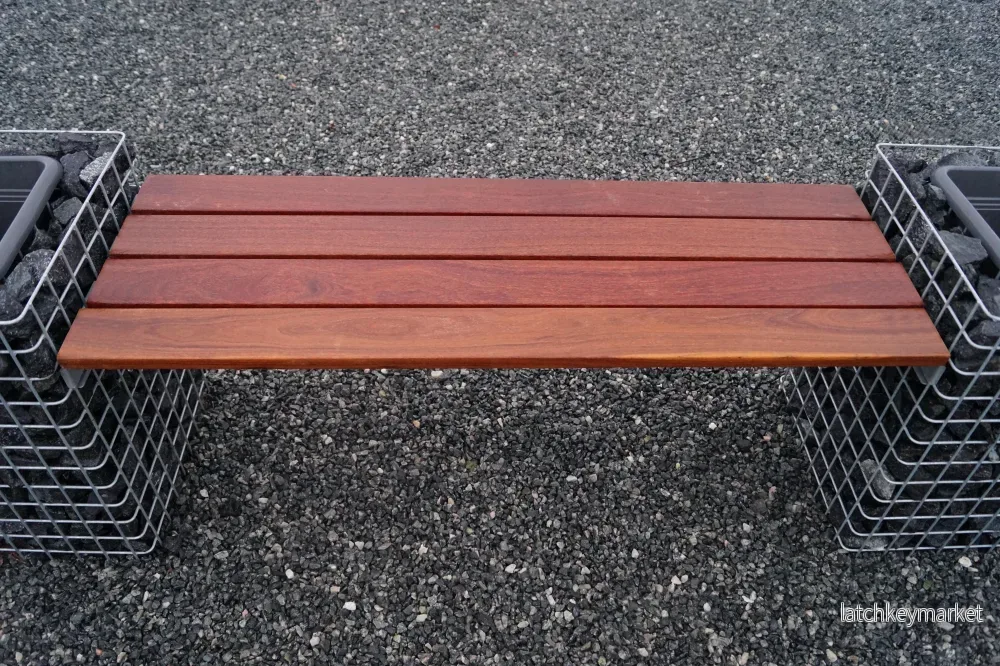 Gabionbänk med 3 blomsterpelare - Cumaru-trä, 205 cm långt x 60 cm högt x 37 cm djupt, varmförzinkat, MW 5 x 5 cm - Bild 3