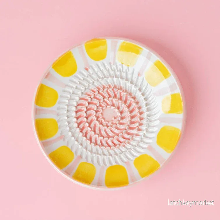 Ceramic Garlic Grater Plate - Small Pink & Yellow- Valentina