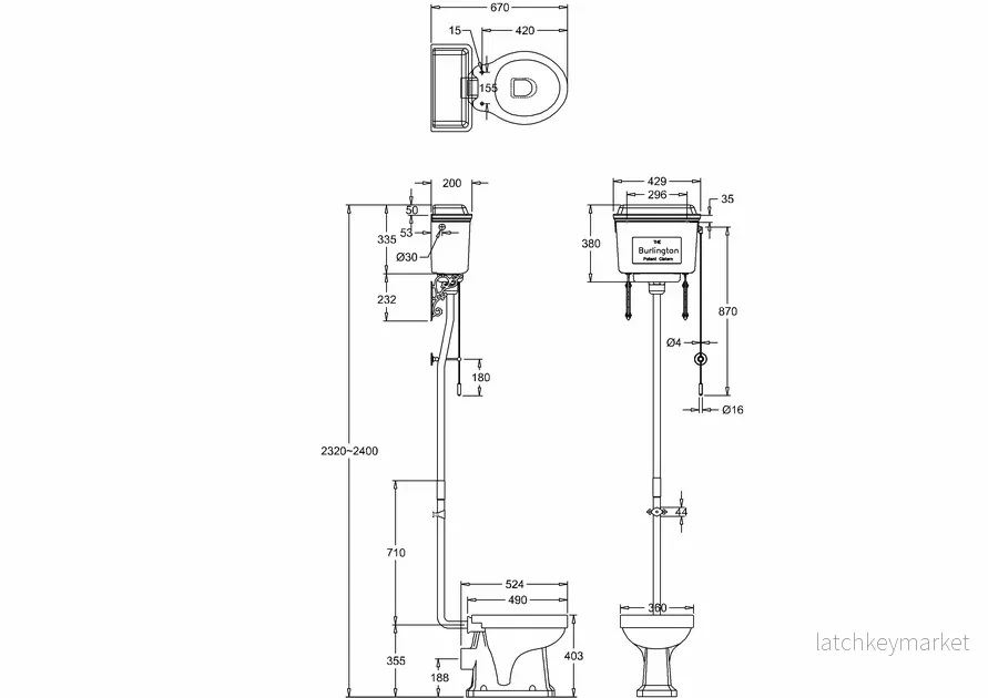 Högspolande toalett Burlington vit aluminiumcistern mässingsdetaljer - Bild 2