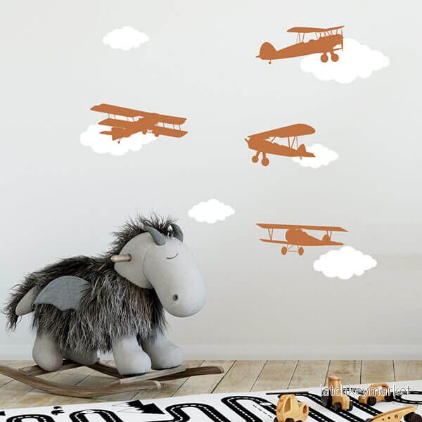 Väggdekor Flygplan & moln – nötbrun Väggdekor Flygplan & moln – nötbrun